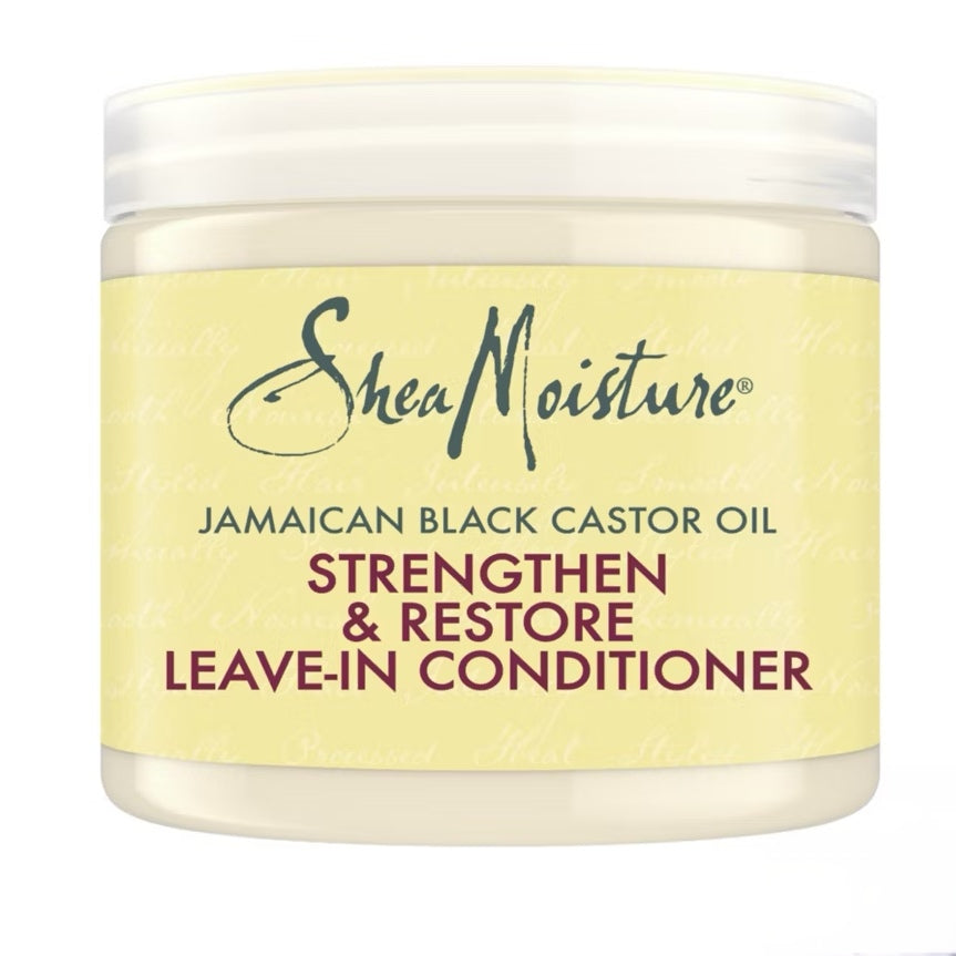 SheaMoisture Jamaican Black Castor Oil Strengthen & Restore Leave-In Conditioner jar on a white background